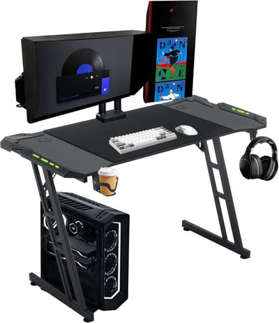Ruim Gaming Bureau met LED Verlichting, Koptelefoonhaak en Bekerhouder - Stabiele PC Tafel