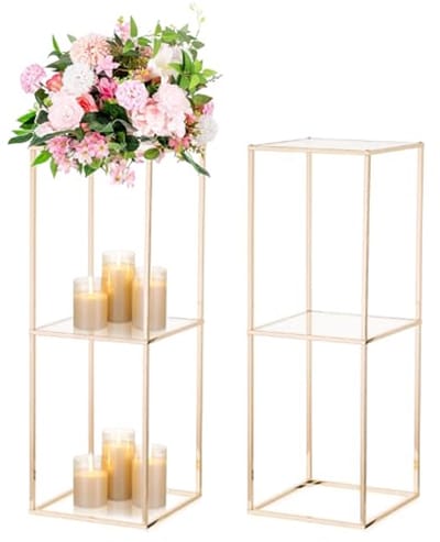 NUPTIO Gold Vase Centerpieces for Tables: 2 Pieces 80cm High Flower Stand With 2-Layer Acrylic Panel Metal Floor Geometric Column Vases for Wedding Centerpiece Birthday Party Decorations