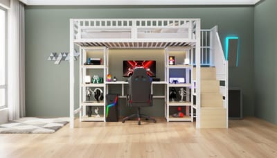 Hoogslaper 90x200 cm met Bureau, Opbergruimte en USB-Aansluiting – Casa Velluto SpaceDesk Hoogbed met Ladder en Opbergplanken – Metalen Bedframe met LED-verlichting voor Kinderen, Tieners en Studenten – Wit