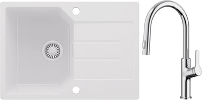 Anycee MAX Spoelbak Keuken Wit - Granieten Spoelbak 65x45CM - Spoelbakken Keuken Met keukenkraan met uittrekbare uitloop - Spoelbakken Met Afdruip - Opbouw Spoelbak