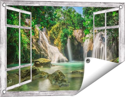 Gards Tuinposter Doorkijk Tropische Waterval - 60x40 cm - Tuindoek - Tuindecoratie - Wanddecoratie buiten - Tuinschilderij