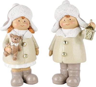 Dekoratief | Winterkindje staand m/beertje/lantaarn, resina, 11x6x18cm, set van 2 stuks | A245122