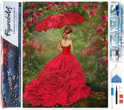 Figured'Art Diamond Painting set Volwassenen 40x50 cm Vrouw in rode jurk - 5D DIY Art full drill vierkante diamant - Opgerold canvas