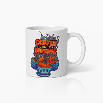 Grappige “Koffie Is Essentieel voor Overleving” Mok – Stoer Vlammen Ontwerp Beker, Perfect Cadeau voor Koffieverslaafden en Kantoorhumor Fans