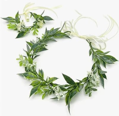 Bloemenkrans met armbanden - Haarkrans bruid Feestaccessoires - Bruiloft en feest - Verstelbare band - Eén maat - Groen en wit