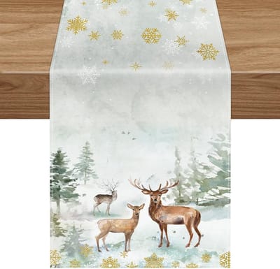 Kersttafelkleed met Rendieren en Sneeuwvlokken - Linnen Tafelrunner voor Feestelijke Winterdecoratie, 14x72 Inch, Perfect voor Kerstmis en Feestdagen