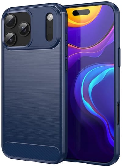 MobyDefend Hoesje - Geschikt voor iPhone 17 Pro Max - TPU Backcover - Geborstelde Metaal & Carbon-Look - Blauw