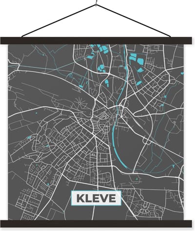 Posterhanger incl. Poster 120x120 cm - Schoolplaat - Plattegrond – Kleve – Blauw – Stadskaart – Kaart - Duitsland - Textielposter - Zwarte latten - Stadskaart
