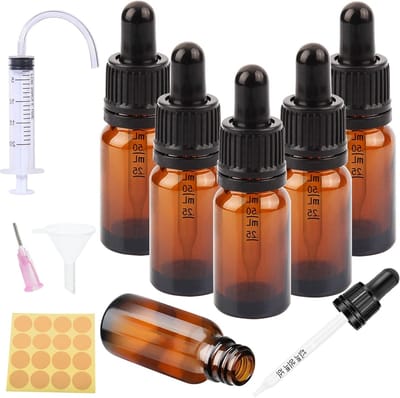 10ml Bruine Glazen Pipetflesjes - Set van 6 Dopperflessen voor Essentiële Olie, Parfum en Druppels met 5 Accessoires