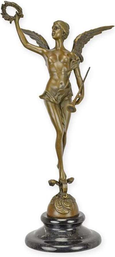 Bronzen beeld Winged Victory met krans – Sculptuur/Decoratief beeld – bronzen sculptuur, gevleugelde overwinning, klassiek decor – Massief brons – Marmeren voet – Fijn gedetailleerd – 37,5 cm / brons