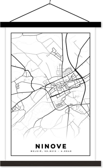 Posterhanger incl. Poster 40x60 cm - Schoolplaat - Stadskaart – Plattegrond – België – Zwart Wit – Ninove – Kaart - Textielposter - Zwarte latten - Stadskaart