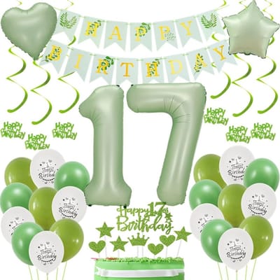 Dailygoods- Ballon 10 Stuks - Saliegroen - Verjaardagsdecoratie - Feest Ballonnen - Taartdecoratie - Cijfer Folieballonnen 17 - Feestballonnen