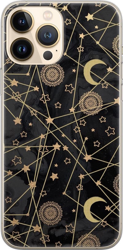 Leuke Telefoonhoesjes - Hoesje geschikt voor iPhone 13 Pro Max - Sterren, zon, maan - Soft case - TPU - Sterren - Zwart