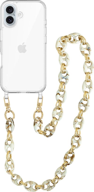 xoxo Wildhearts siliconen hoesje - Geschikt voor iPhone 16 - Marble Creme - Lang Koord - Telefoonhoesje - Hoesje met koord - telefoonkoord - Transparant hoesje - Lang marmerprint beige koord