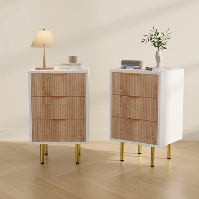 Commode met 3 Lades 2pcs, Hoge Houten Commode, Opbergmeubel met Gegroefd Effect, Slaapkamercommode, Geschikt Buurt Plaatsen Voor Opbergen Veelgebruikte Zodat Zgemakkelijk Toegankelijk Zijn