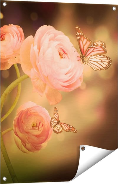 Gards Tuinposter Twee Roze Vlinders bij Roze Rozen - 60x80 cm - Tuindoek - Tuindecoratie - Wanddecoratie buiten - Tuinschilderij