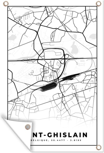 Muurdecoratie Zwart Wit – België – Plattegrond – Stadskaart – Kaart – Saint Ghislain - 120x180 cm - Tuinposter - Tuindoek