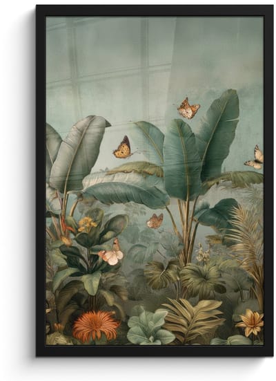 Poster in lijst - Fotolijst 40x60 cm - Posters - Tropisch bladerdek - Vlinders - groen - Bruin - Posterlijst zwart - Decoratie - Wanddecoratie woonkamer - Muurdecoratie slaapkamer