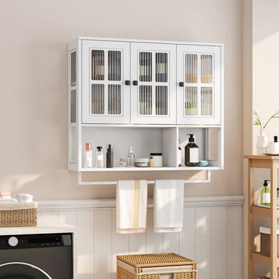 STILVORA Badkamerkasten - Badkamermeubel Wandkast met Glastür en Handdoekhouder - Medizinschrank voor Badkamer en Woonkamer - 88×26×82,5 cm - MDF - Wit