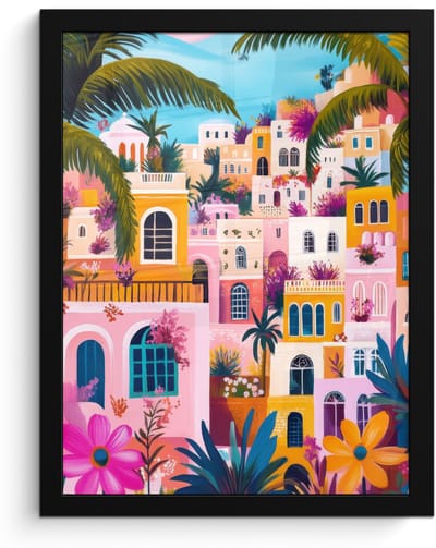 Poster in lijst - Fotolijst 30x40 cm - Posters - Kleurrijk - Roze - Oranje - Geel - Bloemen - Posterlijst zwart - Decoratie - Wanddecoratie woonkamer - Muurdecoratie slaapkamer