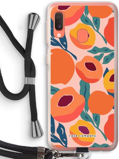 Case Company® - Hoesje met koord geschikt voor Samsung Galaxy A20e hoesje met Koord - Perzik - Telefoonhoesje met Zwart Koord - Bescherming aan alle Kanten en Over de Schermrand