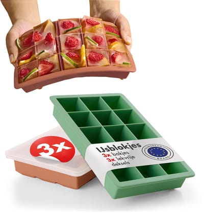 Blumtal IJsblokjesvorm Idun Set van 3 - 15 ijsblokjes - Siliconen ijsblokjesvorm met deksel - IJsblokjesvorm Kubusvorm - BPA-vrij - Olijfgroen + Rood