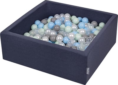 KiddyMoon Ballenbak vierkant voor kinderen 90x30cm - 300 kleurrijke ballen ∅7cm - Speelgoed baby schuim - Ballenbad baby foam - Kunststof ballen - Ballenbak ballen - Voor sensorische - Donkerblauw: Parel Grijs Transparant Babyblauw Munt