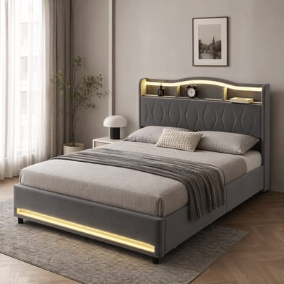 Opbergbed 160x200 cm Grijs Fluweel, LED-Verlichting, USB-Oplaadpoorten, Opberghoofdbord en Onderbedladen