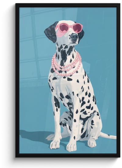 Poster in lijst - Fotolijst 60x90 cm - Posters - Dalmatiër - Zonnebril - Blauw - Posterlijst zwart - Decoratie - Wanddecoratie woonkamer - Muurdecoratie slaapkamer