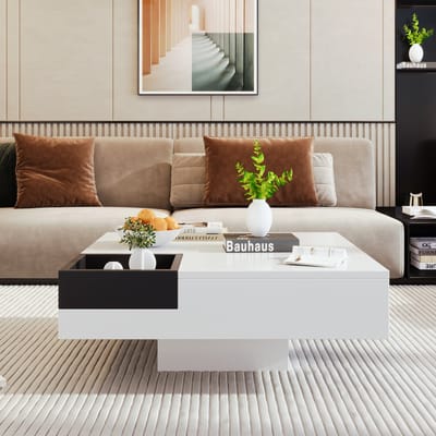 Salontafel - Hoogglans - Woonkamermeubel - Bijzettafel met Afneembare Opbergdoos - LED-Lichteffect - MDF - Wit/Zwart - 72x72x30 cm