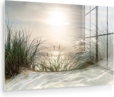 MuchoWow® Glasschilderij 120x80 cm - Schilderij acrylglas - Zand - Gras - Zon - Foto op glas - Muurdecoratie woonkamer - Wanddecoratie slaapkamer - Schilderijen