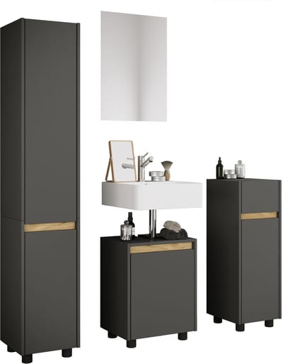 VCM 4-tlg. Badmöbel Set mit Waschbeckenunterschrank, Hochschrank, Midischrank & Spiegel - Cosila M