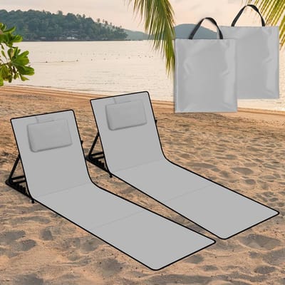 2 stuks strandmat met rugleuning opvouwbare campingbedden 5-snelheden verstelbare strandzonnemat met kussen en opbergvak strandbed met draagtas 145cm donkergrijs/lichtgrijs