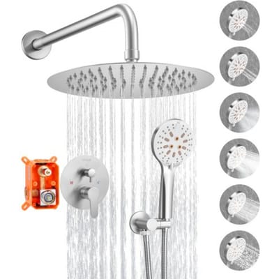 VEVOR Douchekraan Regendouchesysteem voor Badkamer Douchesysteem met 254 mm Ronde Regendouchekop & Handdouche, Wandgemonteerde Badkamerkranen met Messing Klep & Afwerkingsset, Geborsteld Nikkel