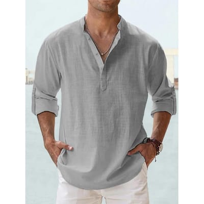Katoen Linnen Shirts voor Heren Casual Shirts Lichtgewicht Lange Mouw Henley Strandshirts Hawaï Shirts voor Heren Streetwear XXXL grijs