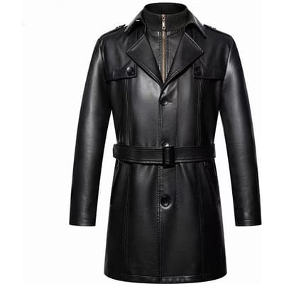 Lente en Herfst Leer Leren Jas Heren Hoogwaardige Knielange Leren Windbreaker Heren Casual Gewatteerde en Verdikte Heren Leren Jas L black
