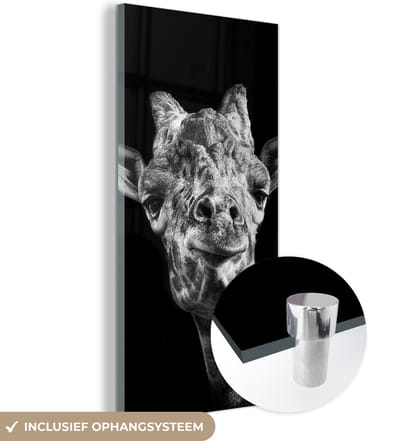 MuchoWow® Glasschilderij 20x40 cm - Schilderij acrylglas - Giraffe - Dier - Zwart - Wit - Foto op glas - Schilderijen
