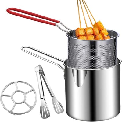 Frituurpan met Mand - Keuken Pan - Snacks Bereiden - Roestvrij Staal - Compact Formaat - Zilverkleurig