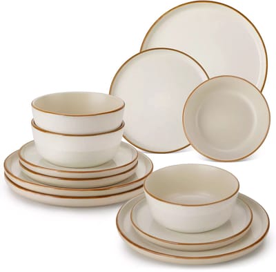 Luxe Serviesset – 12 delig – 4 persoons – Steengoed - Bordenset – Dinner platen – Dessertborden - Kommen - Beige