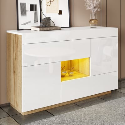 MEUNIQ dressoir 120 x 37 x 76,5 cm met 2 lades, 2 deuren, open vak en app-gestuurde LED-verlichting, hoogglans wit met houtlook, kast voor woonkamer