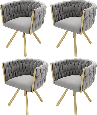 Merax Luxe Fluwelen Eetkamerstoelen Set van 4 – Grijs en Goud – 360° Draaibaar - Ergonomisch Ontwerp en Stalen Poten