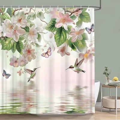 Kolibrie Bloemen Douchegordijn Vogels Aquarel op Bloementakken Bedrukt Polyester Badgordijnen Badkamer Decor met Haken 150x180cm-60x70in