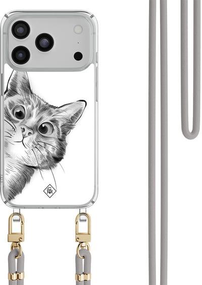 Casimoda® hoesje met grijs koord - Geschikt voor iPhone 17 Pro Max - Peekaboo Kat - Afneembaar koord - TPU/polycarbonaat - Grijs