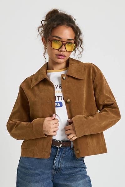 boohoo Dames Jas met kraag en knopen in suede-look | Tan | Maat: 40