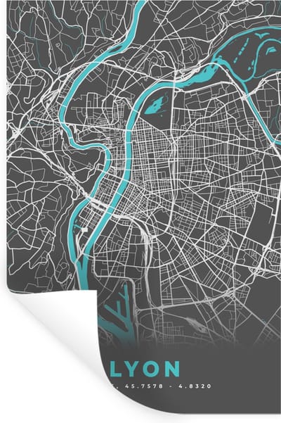 Muurstickers - Sticker Folie - Lyon - Plattegrond - Kaart - Stadskaart - Frankrijk - 20x30 cm - Plakfolie - Muurstickers Kinderkamer - Zelfklevend Behang - Zelfklevend behangpapier - Stickerfolie