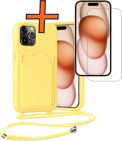 Hoesje Geschikt voor iPhone 14 Pro Max Hoesje Met Telefoonketting Pasjeshouder Case Met Screenprotector Koord - Hoesje Geschikt voor iPhone 14 Pro Max Hoes Met Kaarthouder - Geel