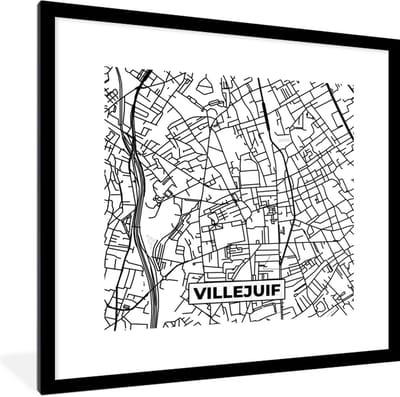 Fotolijst incl. Poster Zwart Wit- Stadskaart - Villejuif - Plattegrond - Kaart - Frankrijk - Zwart wit - 40x40 cm - Posterlijst