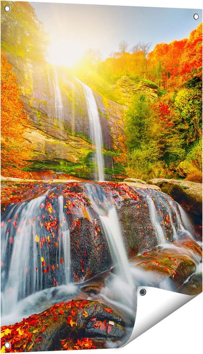 Gards Tuinposter Waterval in de Herfst Kleuren - 60x90 cm - Tuindoek - Tuindecoratie - Wanddecoratie buiten - Tuinschilderij