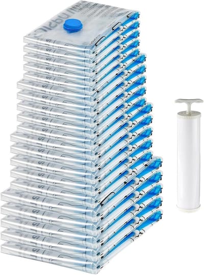 Famanu - Vacuümzakjes met ritssluiting en handpomp, 20 stuks, 4 verpakkingen van 5 stuks (klein, medium, groot en jumbo), meerdere, transparant