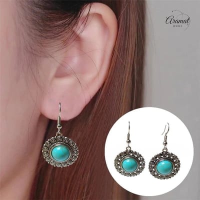 Aramat Jewels | Oorhangers | Boho Ronde Oorhangers – Blauwe Gemarmerde Stenen (46x25mm) | | | |20mm | Staal | Volwassenen | Verkleurd niet